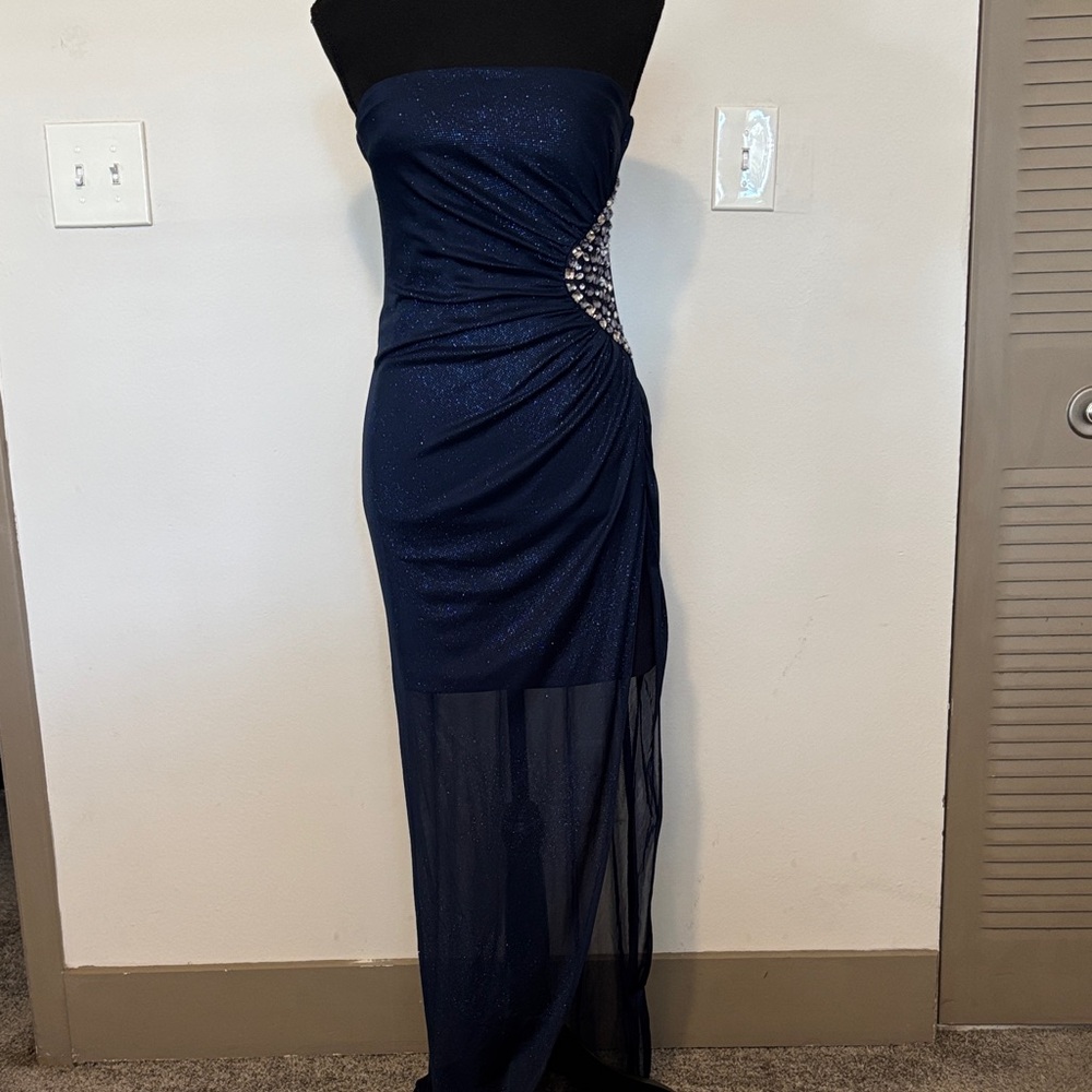 Teeze Me Navy Strapless Gown with Embellishments